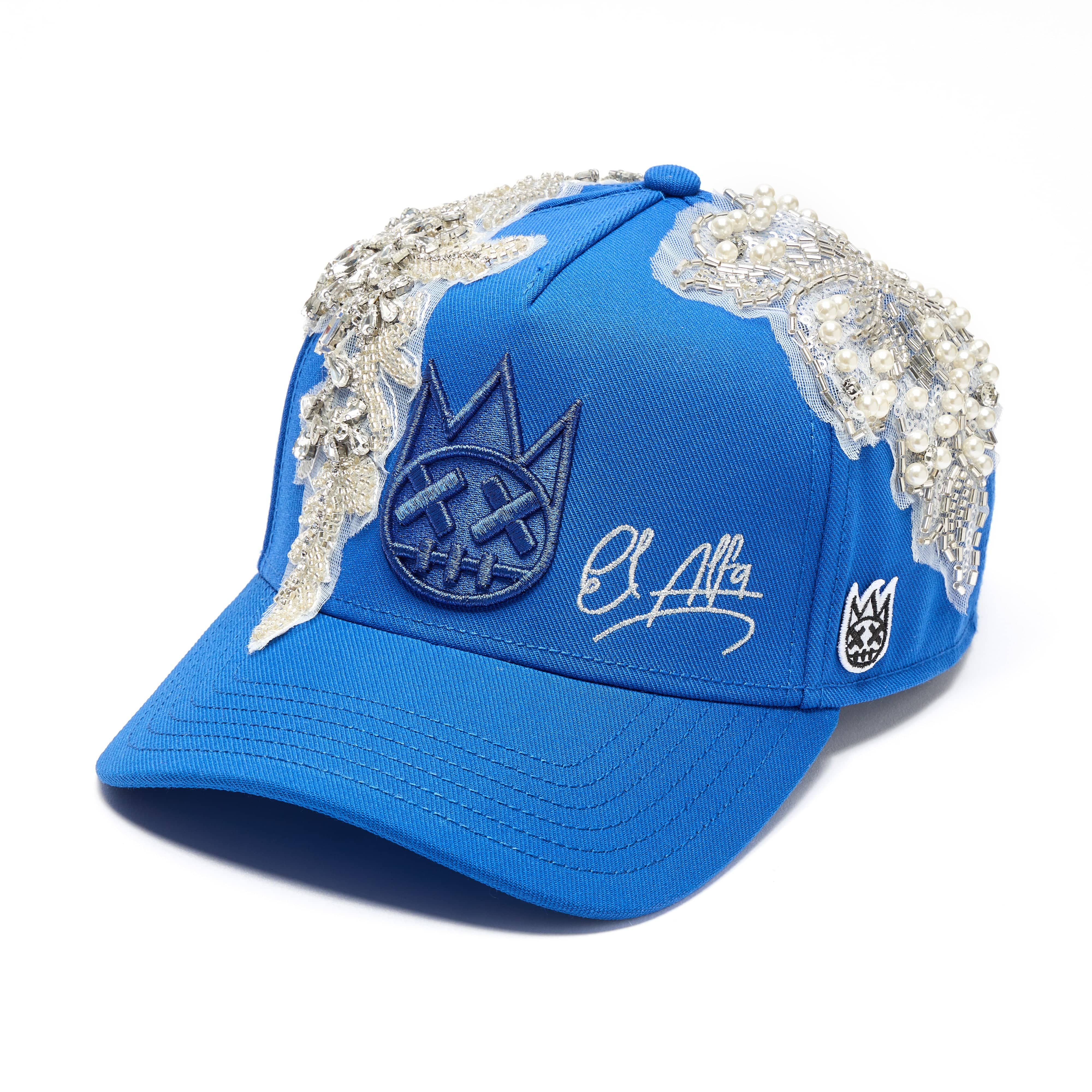 Cult X El Alfa Lurex Emb Logo 5 Panel A Frame Trucker Hat in Blue - Image 2