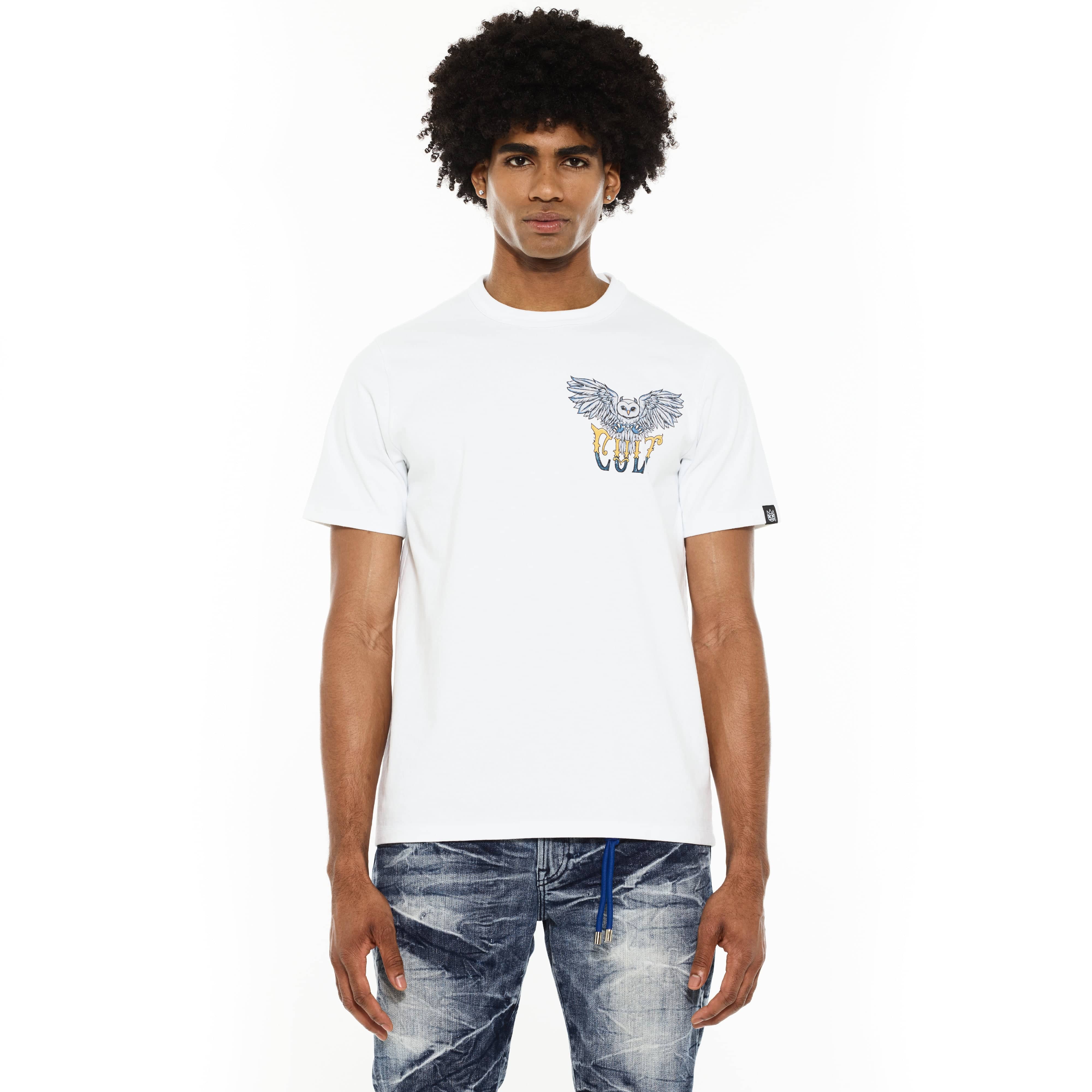Cult's Heavyweight Short Sleeve Crew Neck Tee "Owl" in White - Image 2