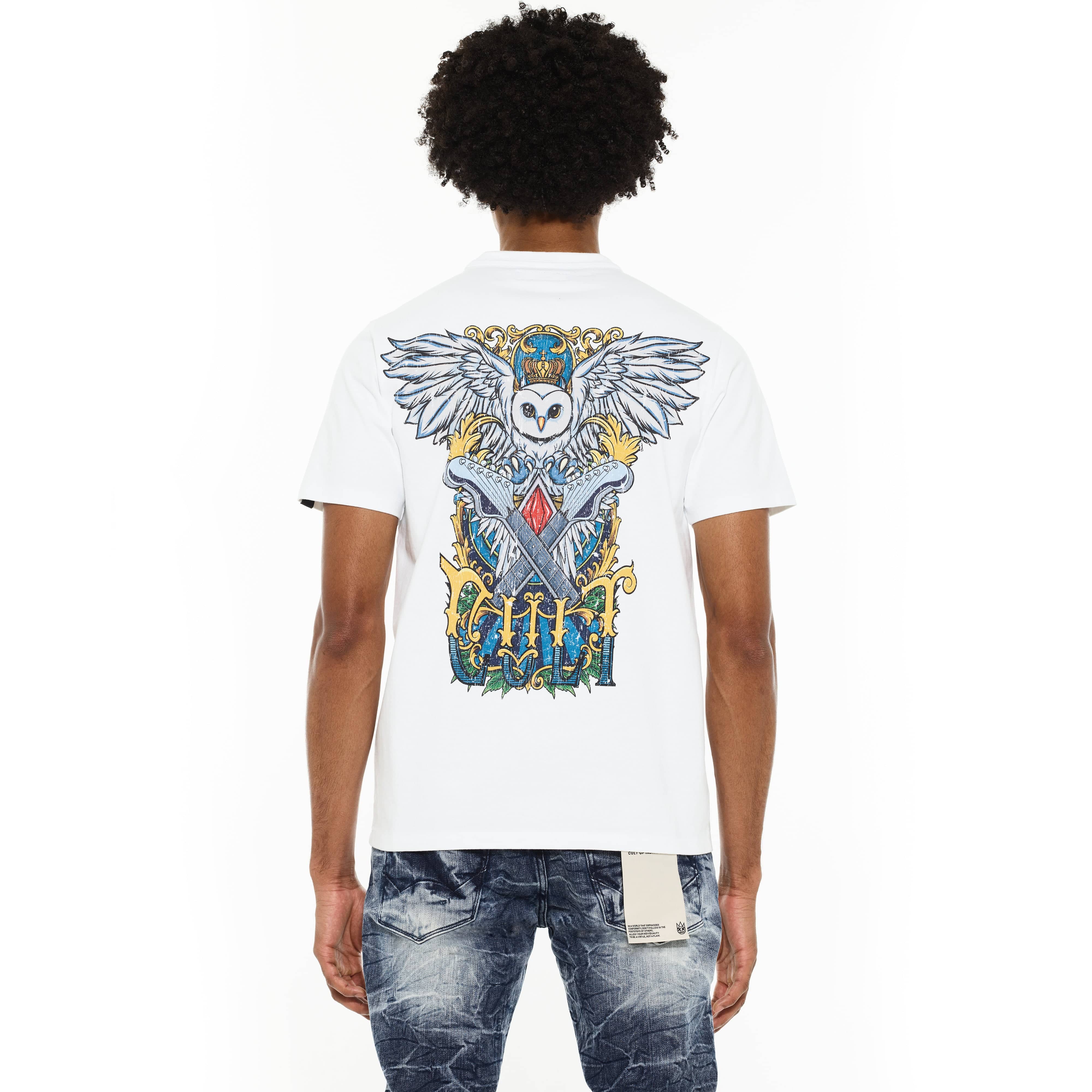 Cult's Heavyweight Short Sleeve Crew Neck Tee "Owl" in White - Image 3