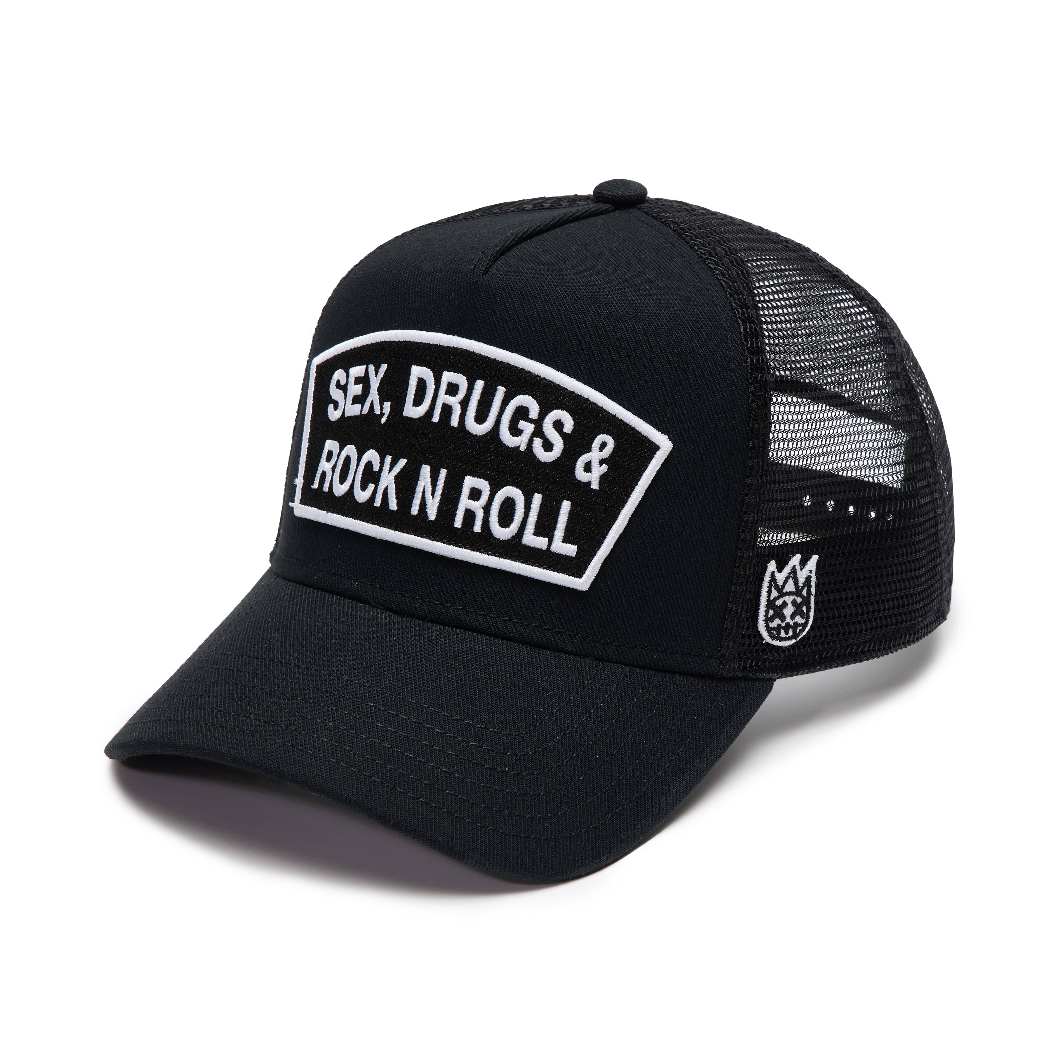 Cult's Logo Mesh Back Trucker Hat "Sex Drugs Rock N Roll" in Black - Image 2