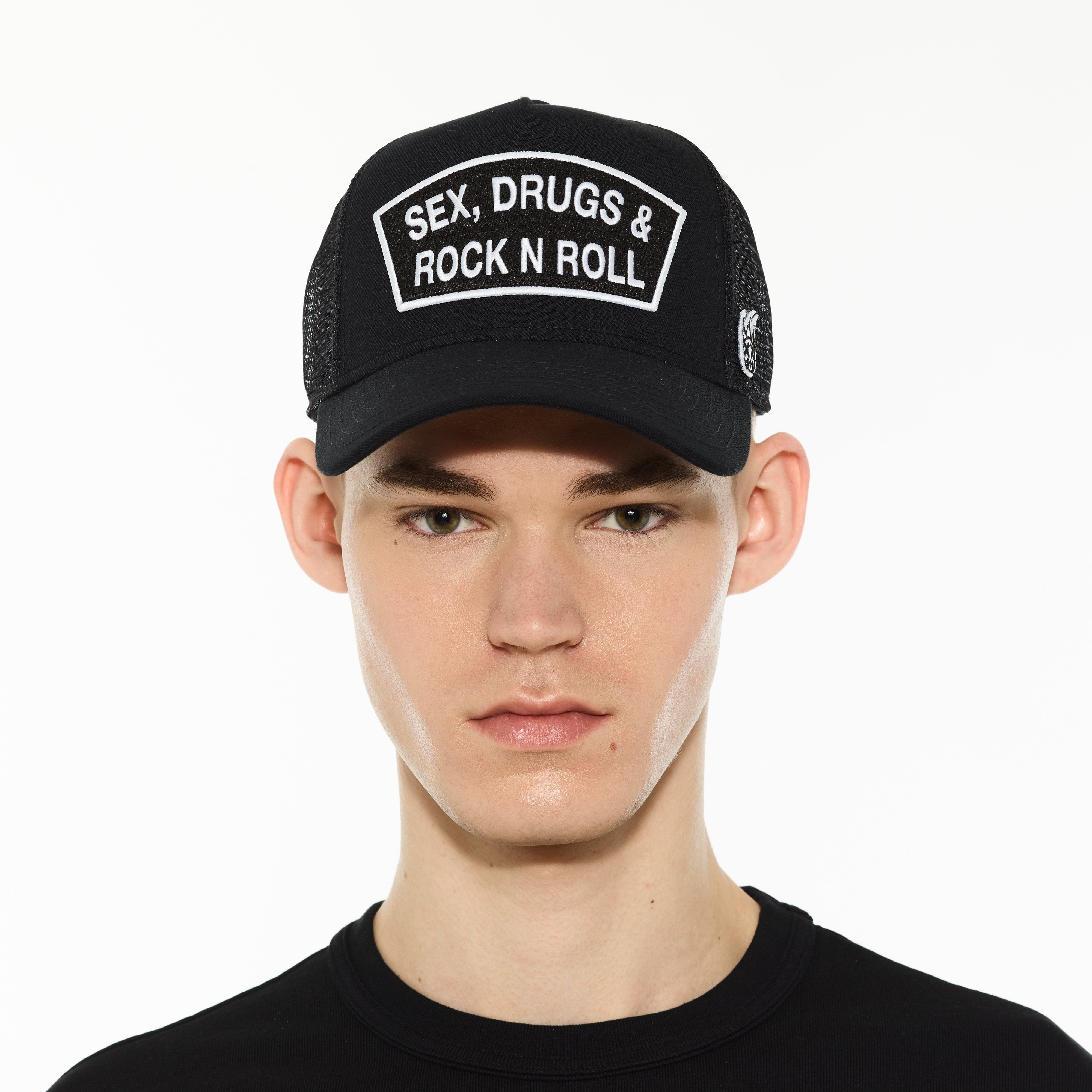 Cult's Logo Mesh Back Trucker Hat "Sex Drugs Rock N Roll" in Black - Image 3