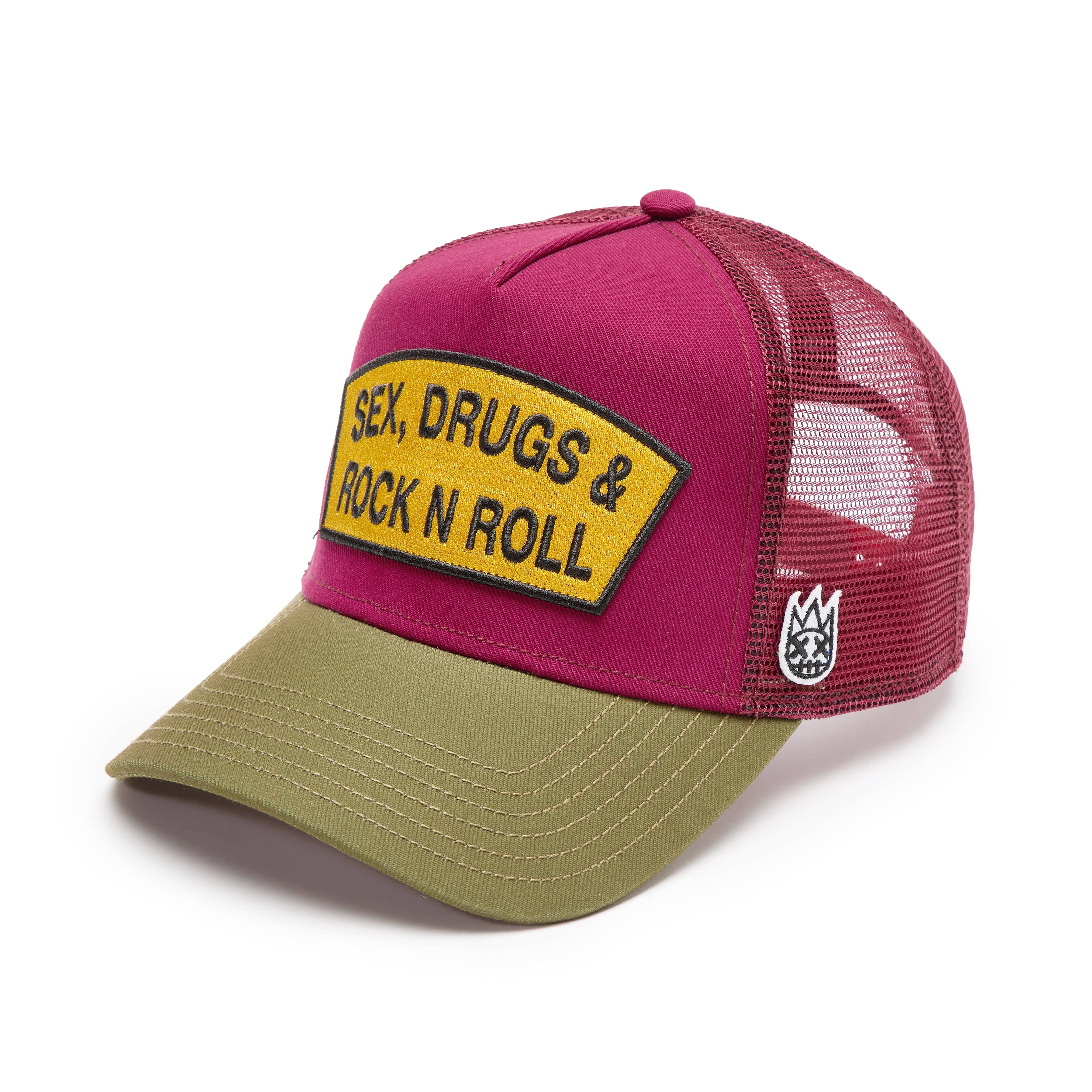 Cult's Logo Mesh Back Trucker Hat "Sex Drugs Rock N Roll" in Rumba Red - Image 2