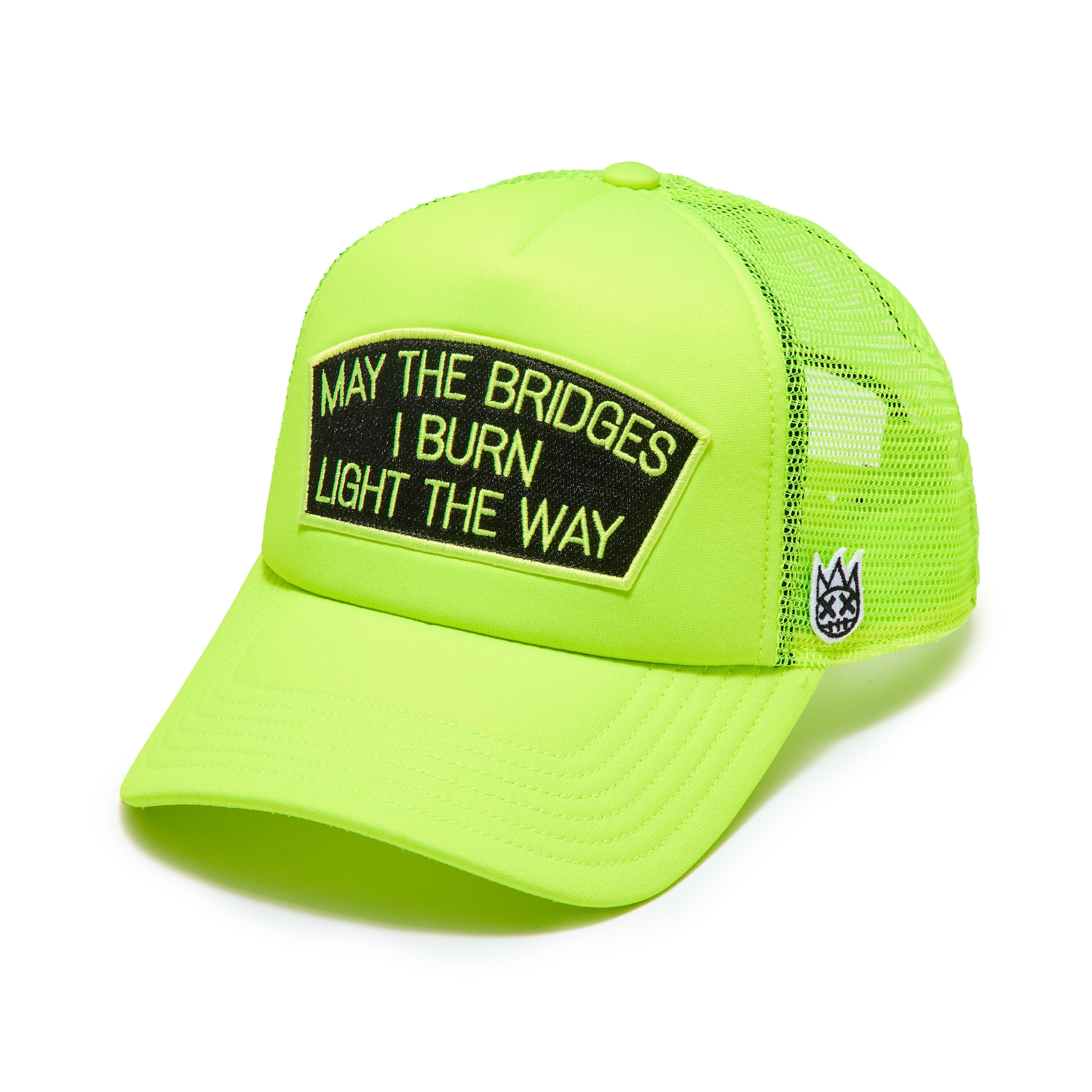 Cult's Mesh Back Trucker Hat In Neon Yellow "May The Bridges I Burn" / Black Patch - Image 2