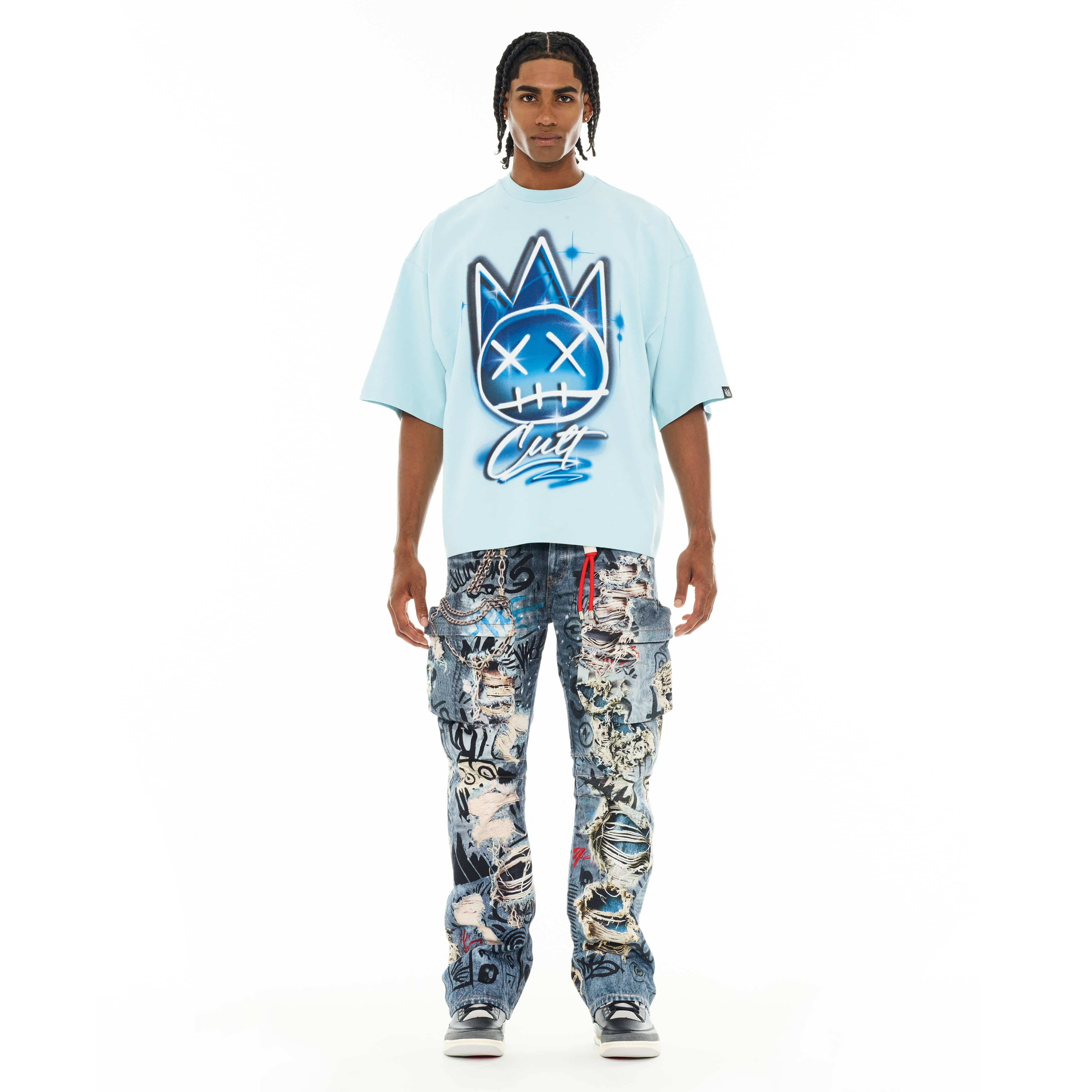 Cult's Oversized Short Sleeve Crew Neck Tee "Airbrush" in Blue Glow - Image 4
