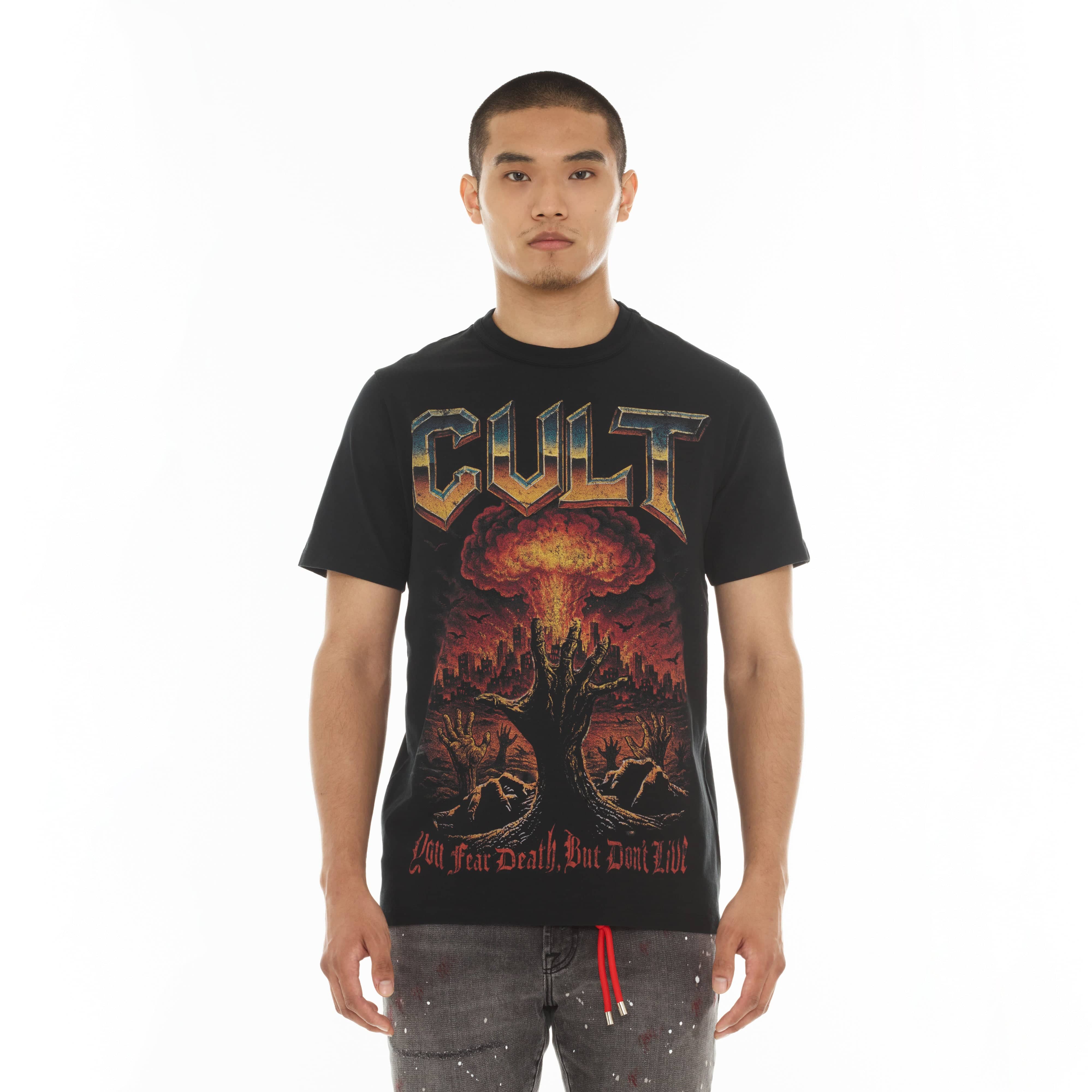 Cult's Short Sleeve Crew Neck Tee "You Fear Death, But Don’t Live" in Black - Image 2