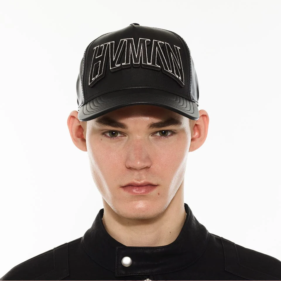 Hvman Logo Mesh Trucker Hat in Black Faux Leather - Image 3