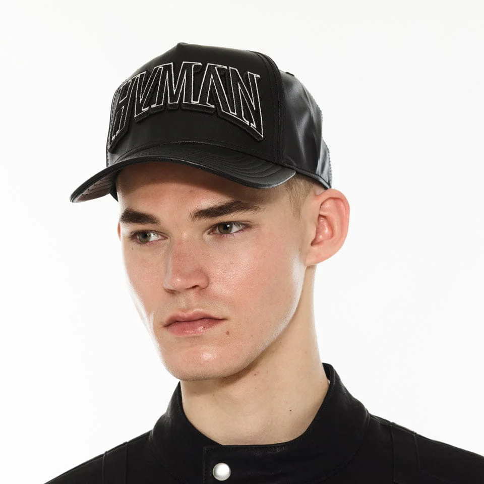 Hvman Logo Mesh Trucker Hat in Black Faux Leather - Image 4