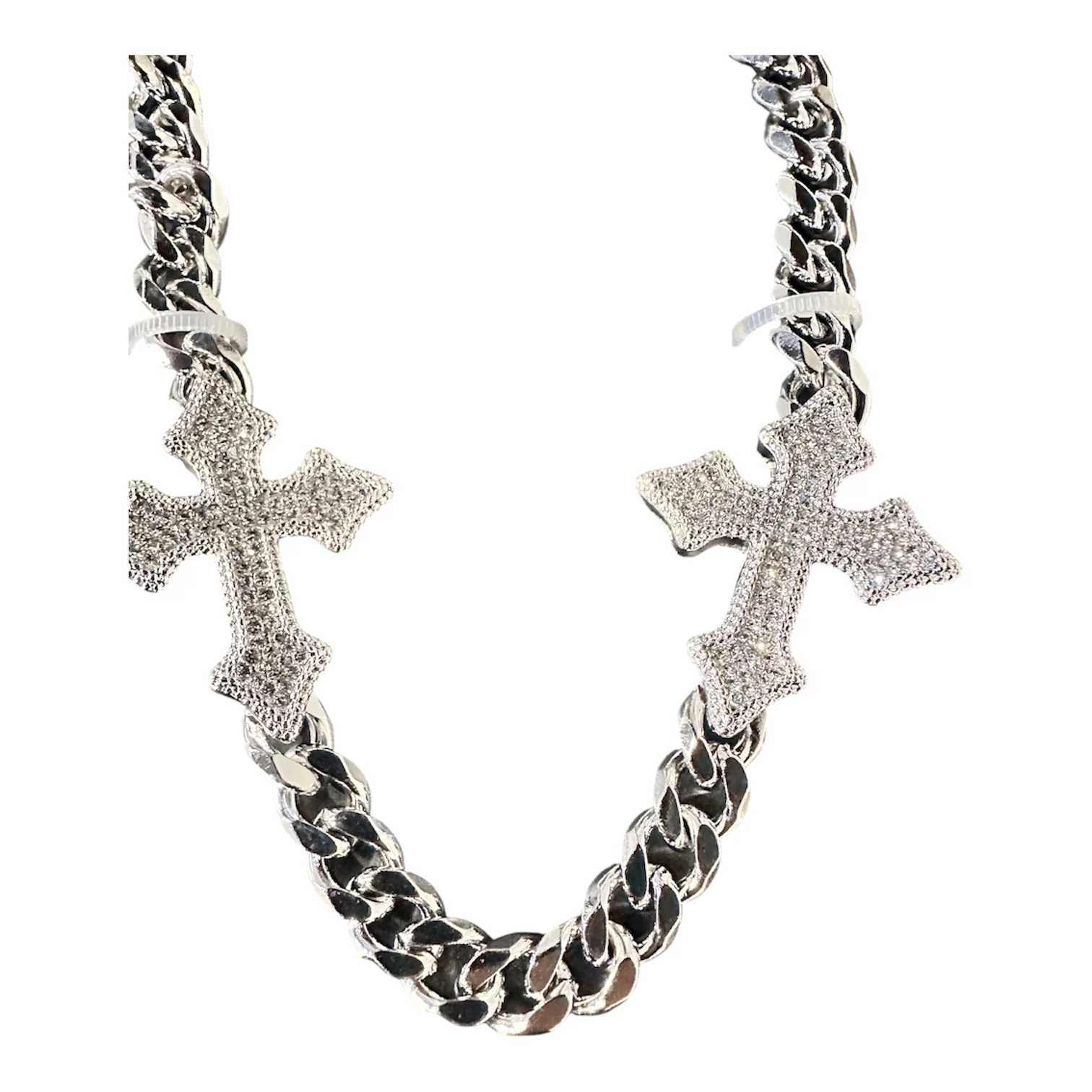 Jewelry Essentials Iced Out 4 Cross Cuban Pant Chain (Silver) - Image 3