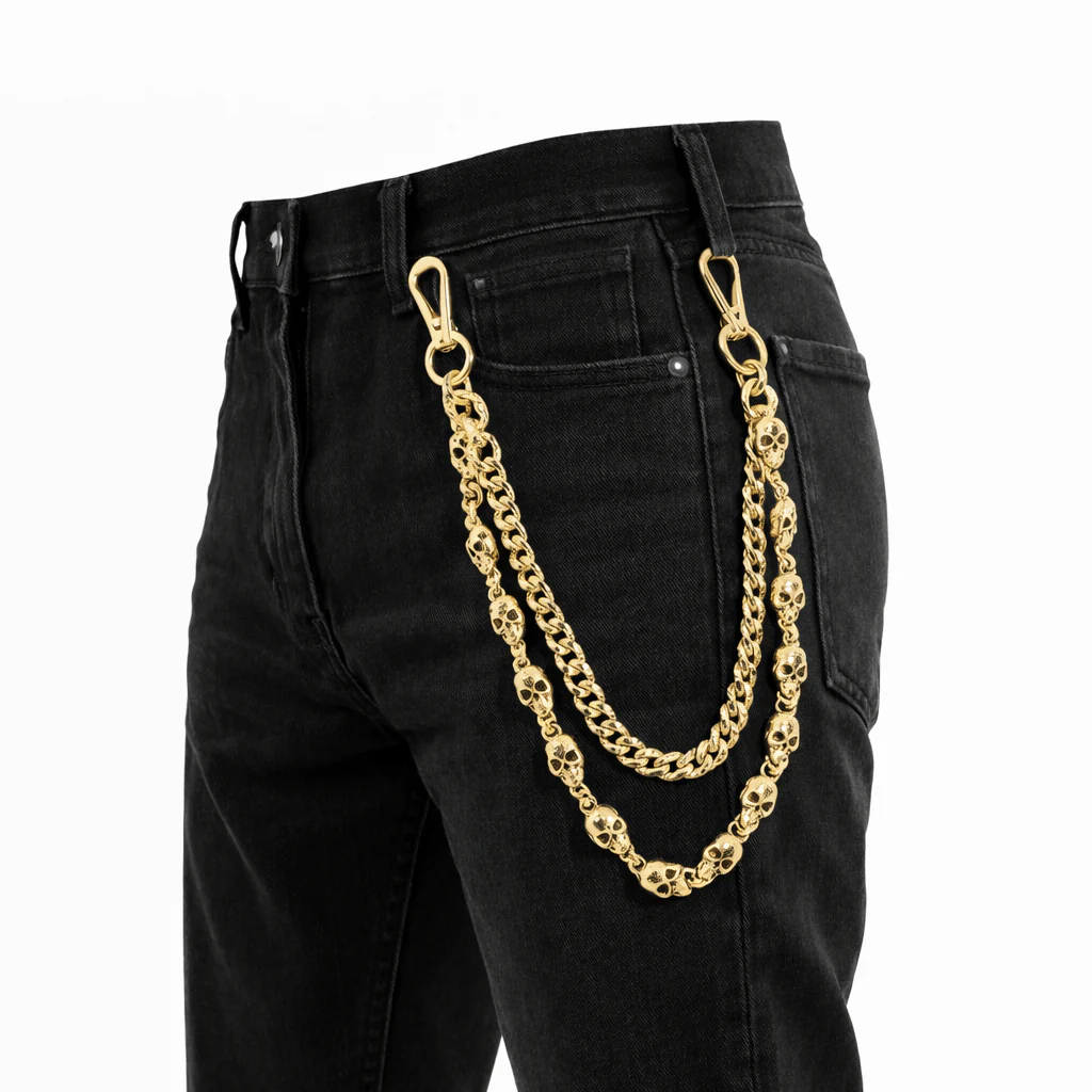 Jewelry Essentials Skull x Cuban Double Pant Chain (Gold) BKC-159G