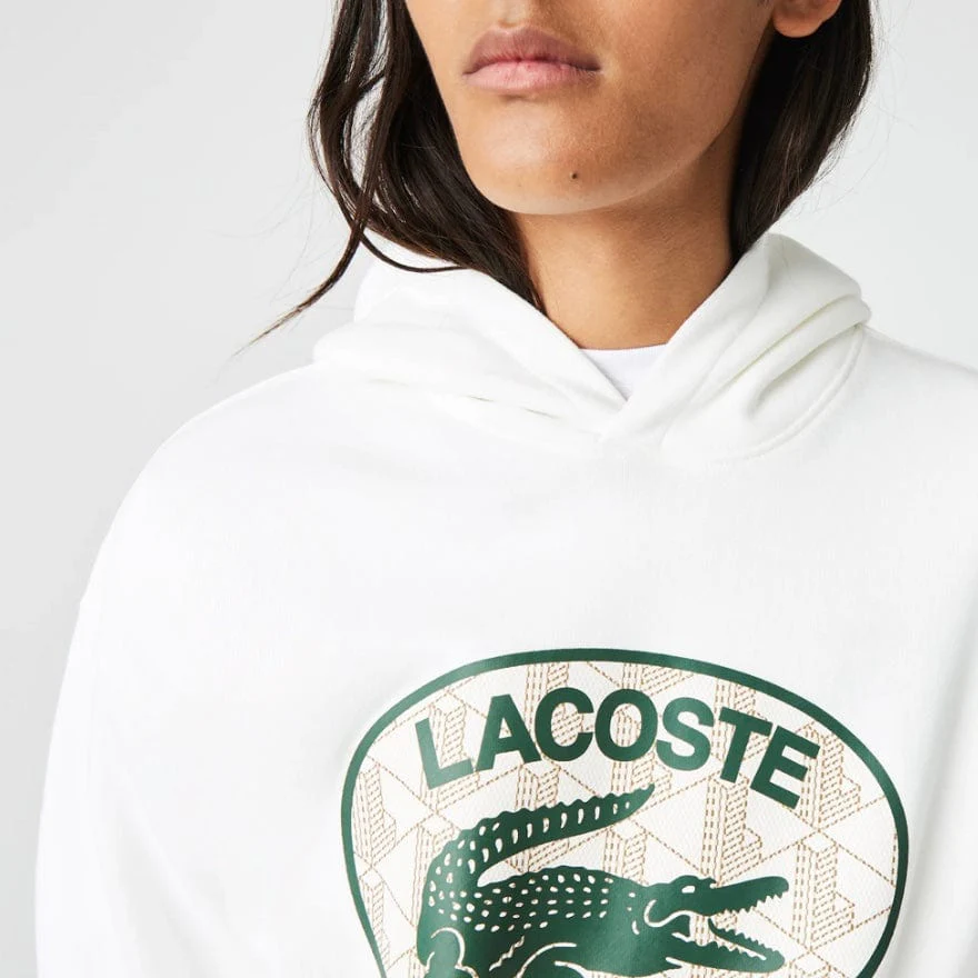 Lacoste Loose Fit Branded Monogram Hooded Sweatshirt (White) SH0067-51 - Image 3