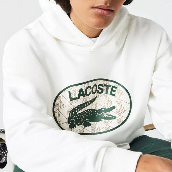 Lacoste Loose Fit Branded Monogram Hooded Sweatshirt (White) SH0067-51 - Image 4