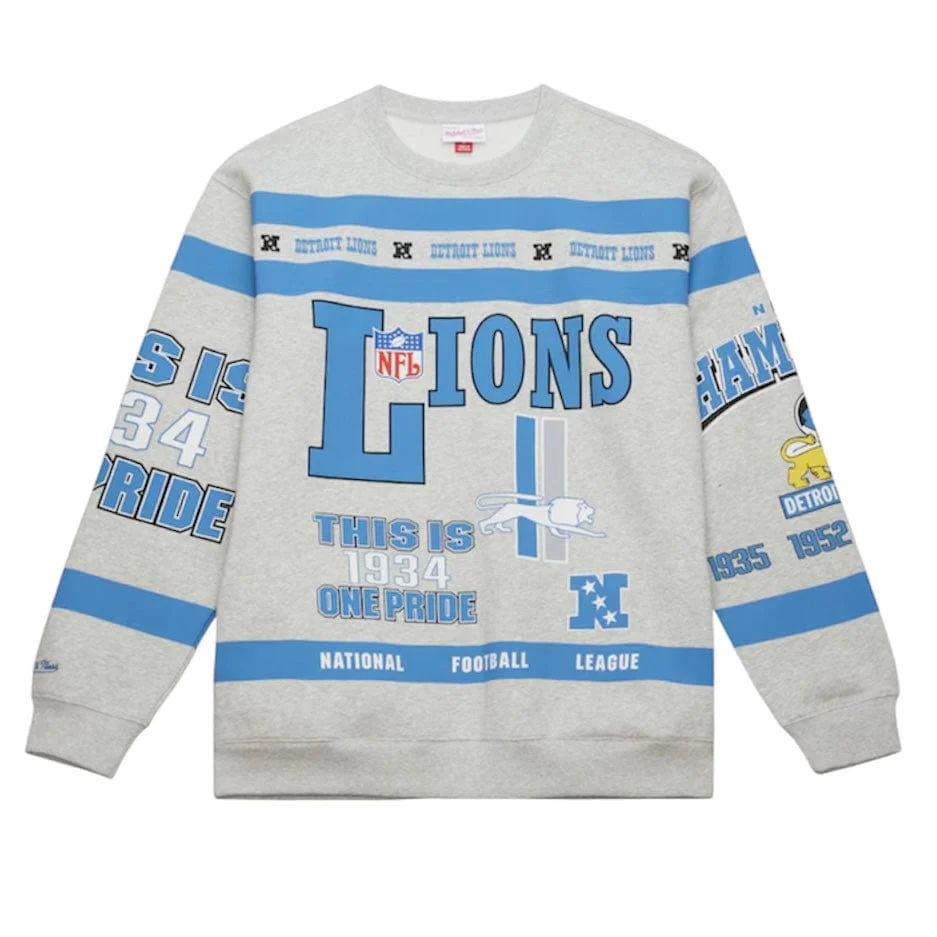 Mitchell & Ness NFL Detroit Lions Aop Vintage Fleece Crewneck (Grey Heather)