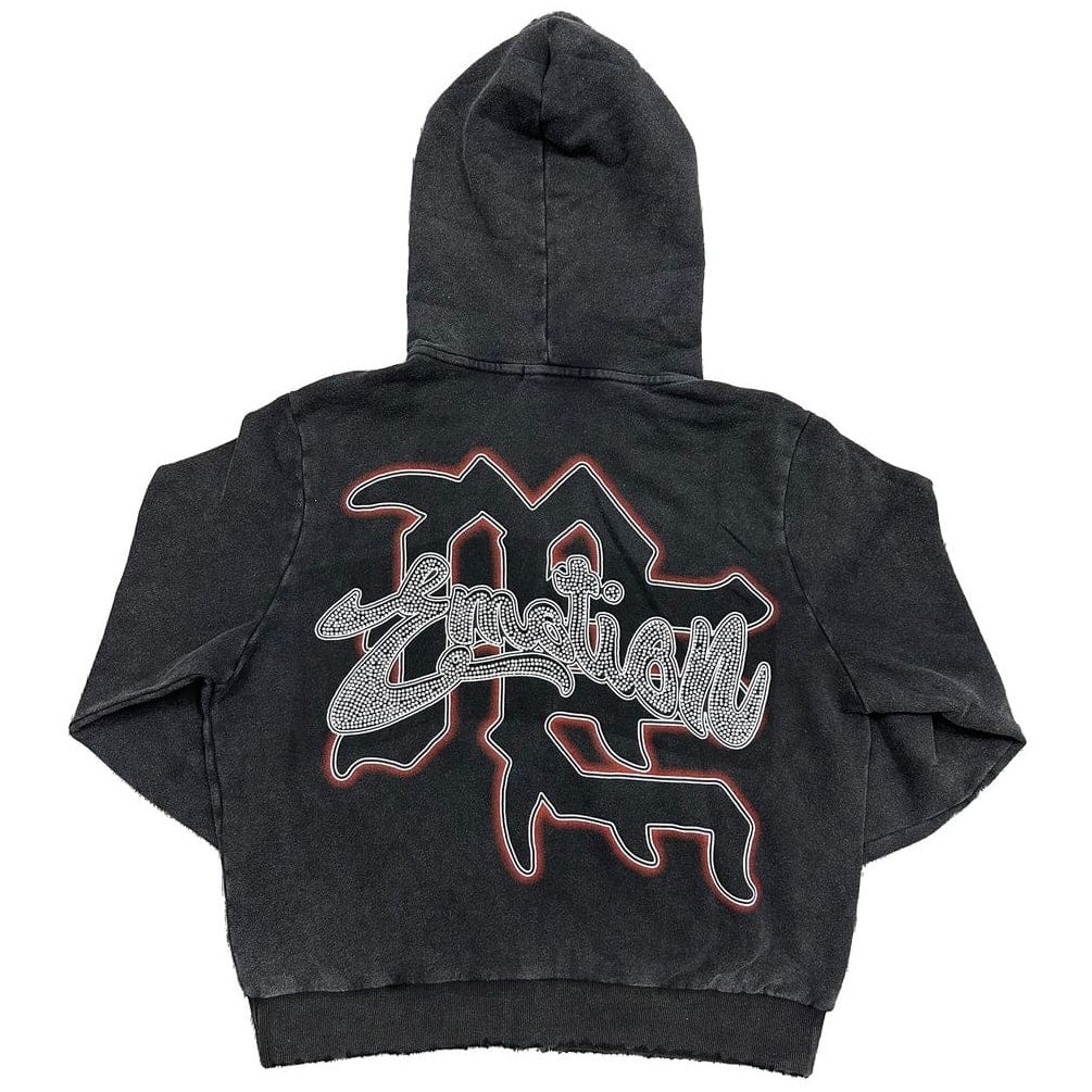 Mixed Emotion Bow Acid Wash Rhinestone Hoodie (Black) - Image 2