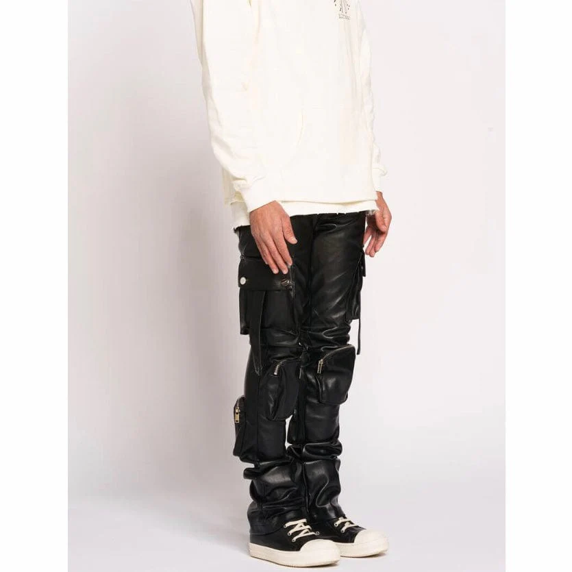 Pheelings Never Look Back Cargo Flare Stack Leather Pants (Black) - Image 2