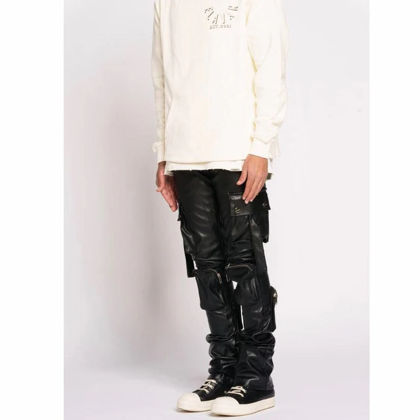 Pheelings Never Look Back Cargo Flare Stack Leather Pants (Black) - Image 3