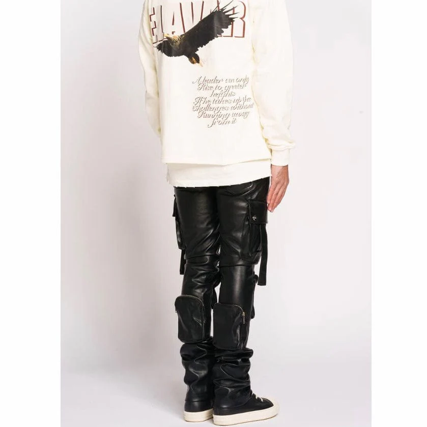 Pheelings Never Look Back Cargo Flare Stack Leather Pants (Black) - Image 4