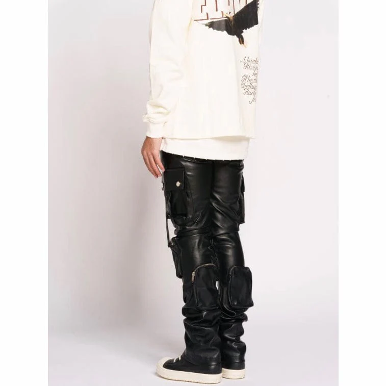 Pheelings Never Look Back Cargo Flare Stack Leather Pants (Black) - Image 5
