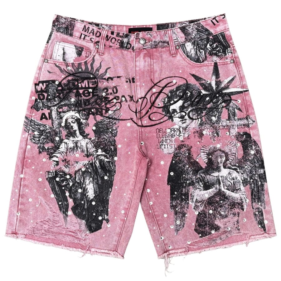 Rare Peace All Over Angel Print Washed Twill Shorts (Dusty Pink) RS6062
