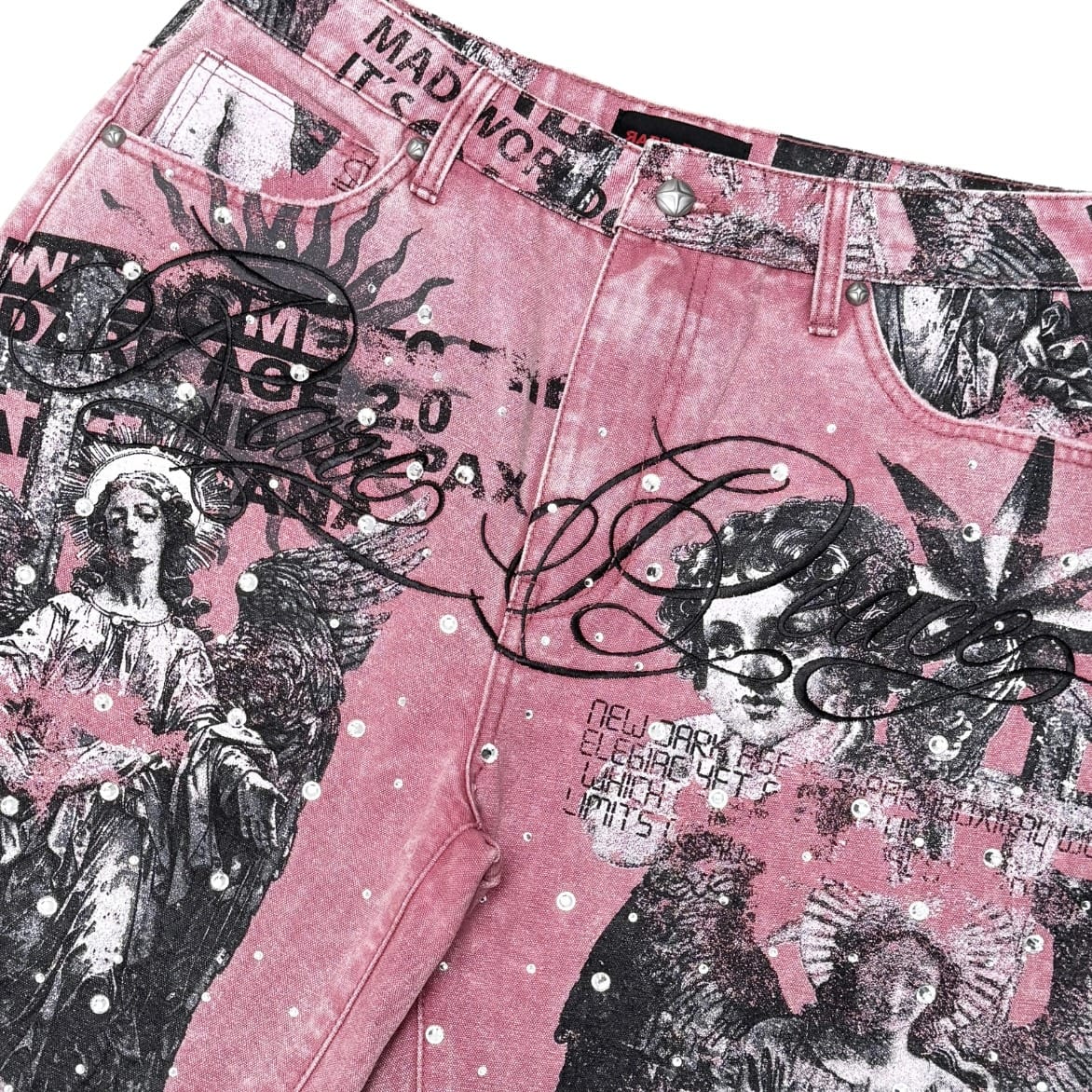Rare Peace All Over Angel Print Washed Twill Shorts (Dusty Pink) RS6062 - Image 2